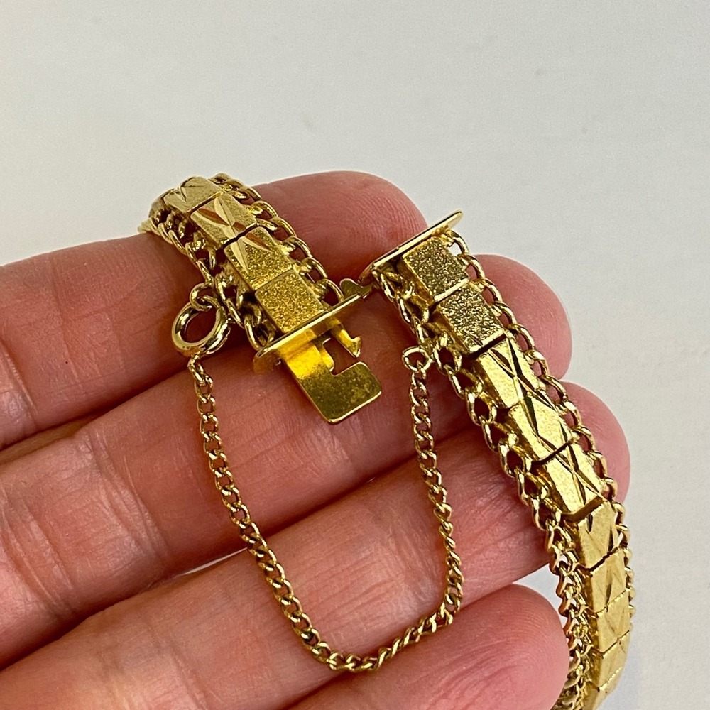 Vintage Gold Tone Geometric Link Bracelet Etched Rope Safety Chain 6.5" Retro - Picture 4 of 11